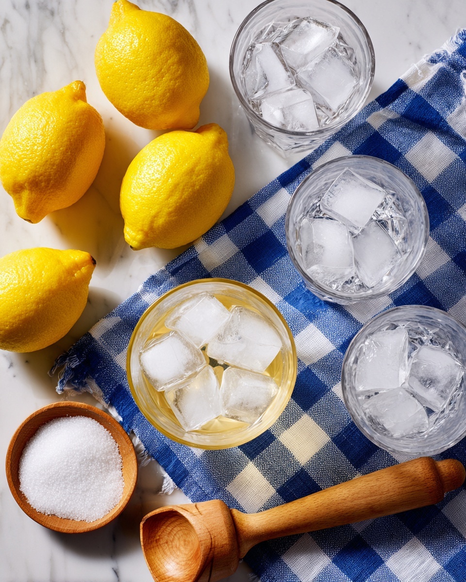 A top view of a clear glass filled with large ice cubes and a light yellow liquid placed on a blue and white checkered cloth, surrounded by three more empty clear glasses. Next to these glasses are four bright yellow lemons clustered together and a wooden muddler resting on a white marbled surface. In the lower left corner, there is a small clear bowl filled with white granulated sugar. photo taken with an iphone --ar 4:5 --v 7