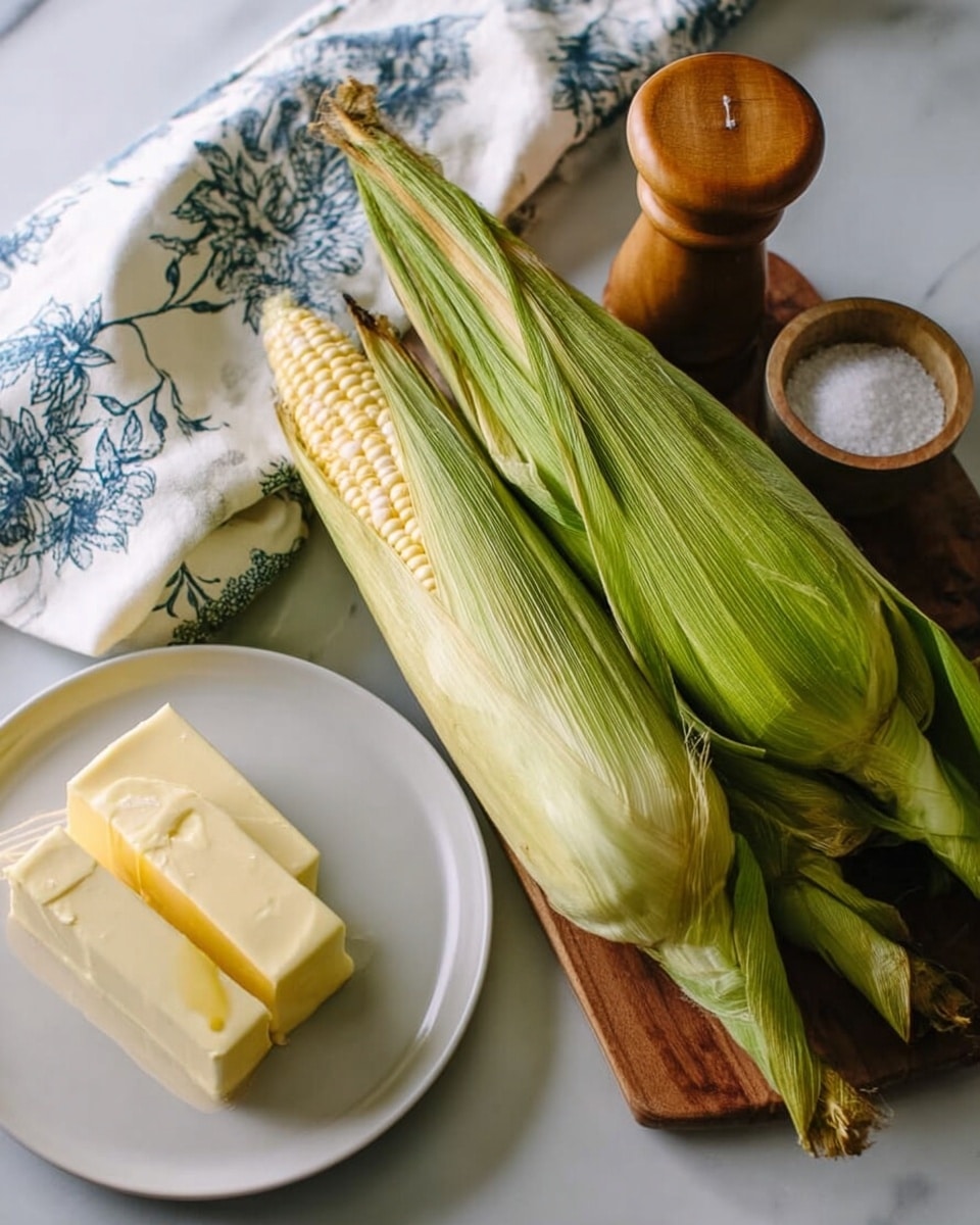 The image shows three ears of corn with green husks still on, laying on a white marbled surface. To the left is a white plate holding a block of light yellow butter with three sliced pieces in front of it. Behind the corn, there is a white cloth with a blue floral pattern. To the right, a small round wooden container holds salt and pepper. The scene is softly lit and arranged to show the fresh ingredients clearly. photo taken with an iphone --ar 4:5 --v 7