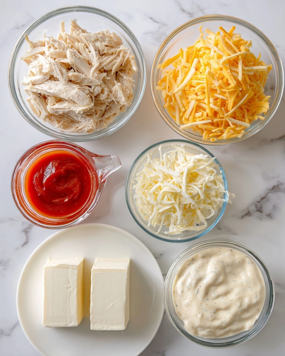 The image shows five separate clear glass containers on a white marbled surface. Starting from the top left, there is a bowl filled with shredded light beige cooked chicken. To its right, a bowl is full of shredded yellow cheddar cheese. On the bottom left, there is a glass measuring cup filled with bright red sauce. In the middle bottom, a white plate holds two blocks of white cream cheese side by side. On the bottom right, another glass measuring cup contains a creamy white sauce with small specks. Photo taken with an iphone --ar 4:5 --v 7
