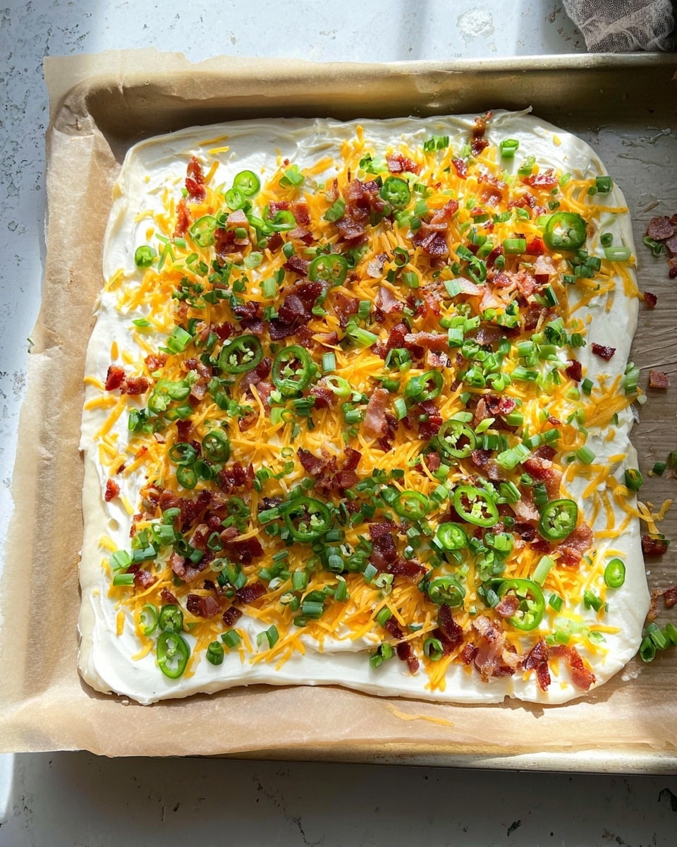 A rectangular flat dough sheet lies on parchment paper over a baking tray with a white marbled texture background. The dough is spread with a smooth, thick white cream layer as the base. On top, there is a generous sprinkle of shredded bright yellow cheddar cheese across the entire surface. Scattered over the cheese are chopped green jalapeño slices and small pieces of crispy brown bacon bits, evenly mixed, creating a colorful contrast. The light shines in from the left, casting soft shadows and highlighting the textures of the cheese, jalapeños, and bacon. Photo taken with an iphone --ar 4:5 --v 7