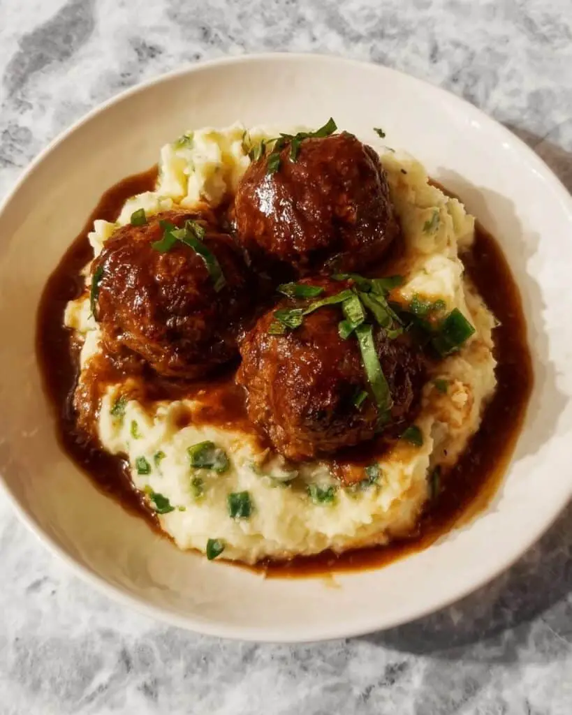 Braised Meatballs in Red Wine Gravy with Garlic Mashed Potatoes and Sautéed Spinach Recipe