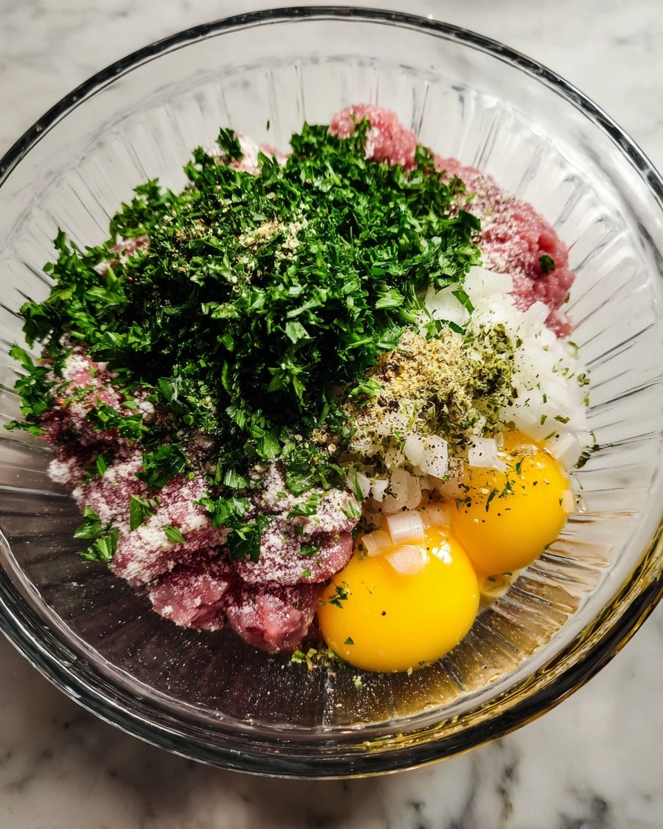 A clear glass bowl holds several layers of raw ingredients on a white marbled surface. At the bottom, there are two bright yellow egg yolks with clear egg whites around them. Above and around the eggs, there are portions of raw pink ground meat. Chopped white onions are scattered over the meat, topped with a generous pile of fresh green chopped parsley. Light brown dried herbs and black pepper are sprinkled in small patches over the onions and parsley. The bowl's ribbed texture is visible, and the scene has warm lighting. Photo taken with an iphone --ar 4:5 --v 7
