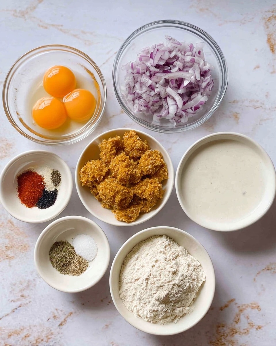 The image shows seven small round bowls arranged on a white marbled surface. The top row has three bowls: the left one with two raw eggs in a clear bowl, the middle one with roughly chopped purple onions, and the right one filled with a brown crumbly powder. Below these, from left to right, there is a small bowl with mixed spices including black, white, and red powders, a bowl with white flour, a bowl of white powder (likely cornstarch), and a bowl of white liquid, possibly milk. The bowls are white or clear, and the setting is bright and clean. Photo taken with an iphone --ar 4:5 --v 7