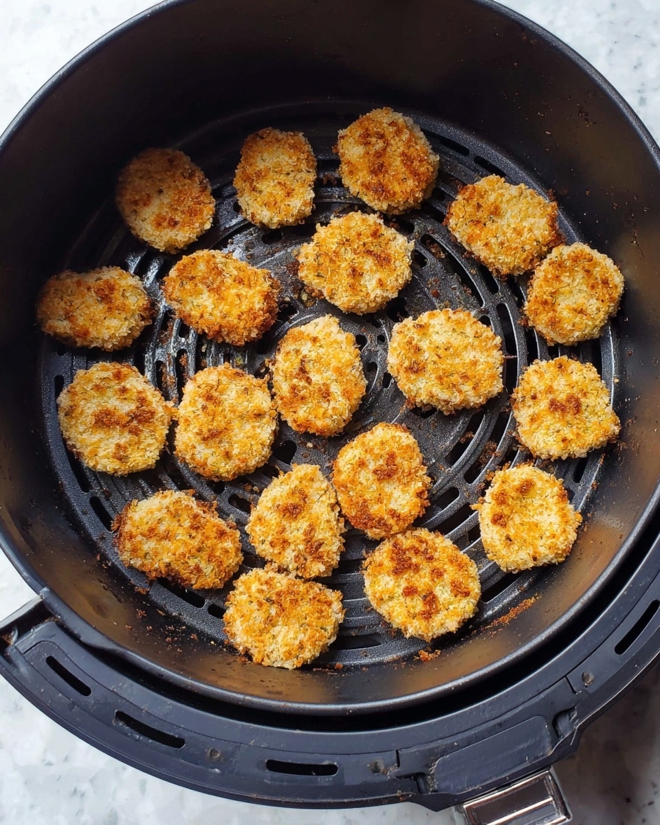 The image shows a black air fryer basket filled with small, round, golden-brown breaded nuggets arranged in a single layer, evenly spaced apart. The nuggets have a crispy texture with visible crumb coating and slight color variations from light to darker golden brown. The basket has a circular grid bottom with vents and grooves that add a textured, dark background to the nuggets. The air fryer basket handle is partially visible at the bottom right corner. The overall scene has a clean look with a white marbled surface visible under the basket. Photo taken with an iphone --ar 4:5 --v 7