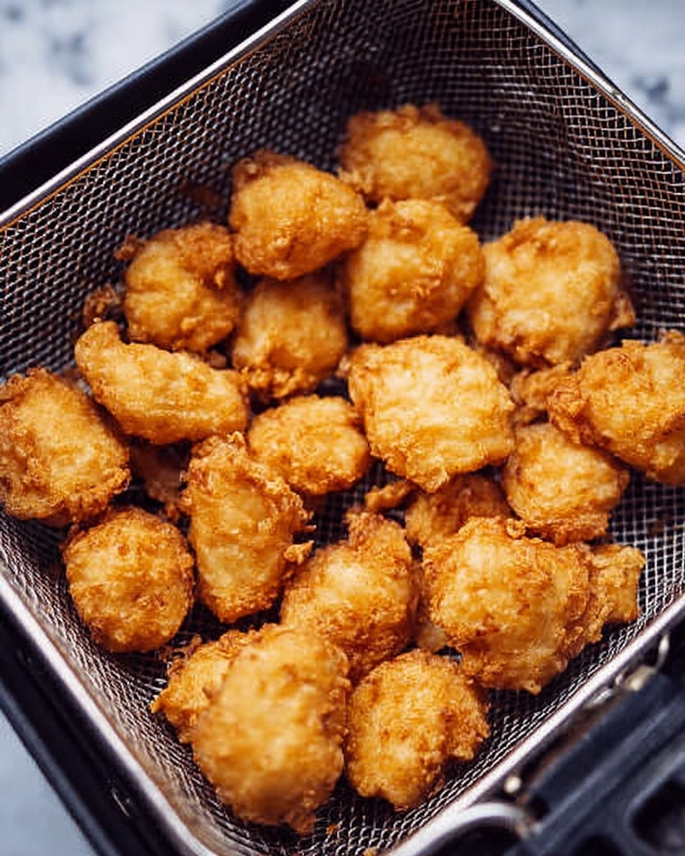 The image shows a metal fryer basket filled with many pieces of golden brown fried food that look crispy and crunchy. The food pieces are uneven in shape and size, piled closely together inside the basket. The basket has a fine grid pattern and a handle on one side. The background is a white marbled texture, making the fried pieces stand out clearly. Photo taken with an iphone --ar 4:5 --v 7
