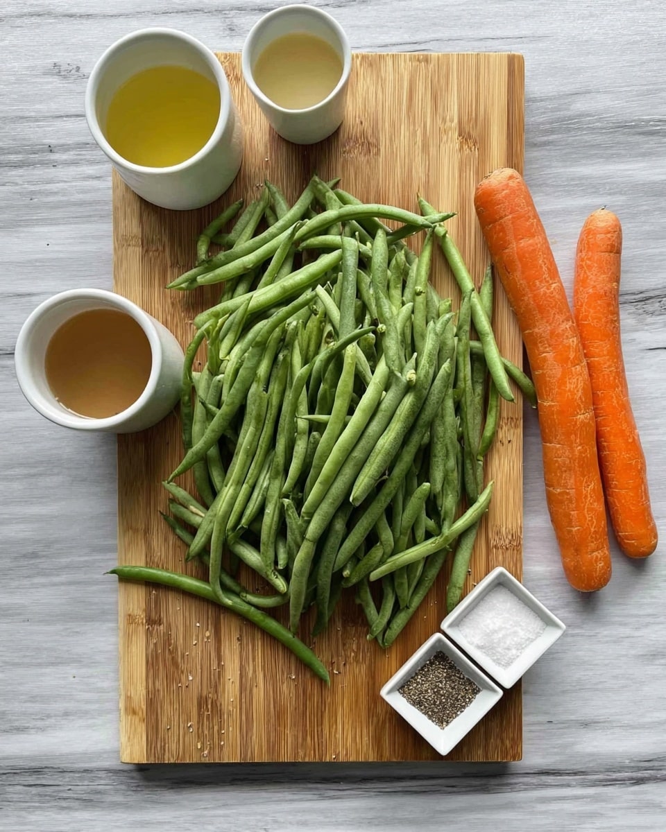 A pile of fresh green beans is placed in the middle of a wooden cutting board on top of a white marbled surface. To the right of the board, there are two whole orange carrots lying side by side. Around the cutting board, there are four small white dishes: two round ones on the left holding light yellow and brown liquids and two square ones at the bottom with white salt in one and black pepper in the other. The setup looks clean and simple, focused on fresh vegetables and basic cooking ingredients. photo taken with an iphone --ar 4:5 --v 7
