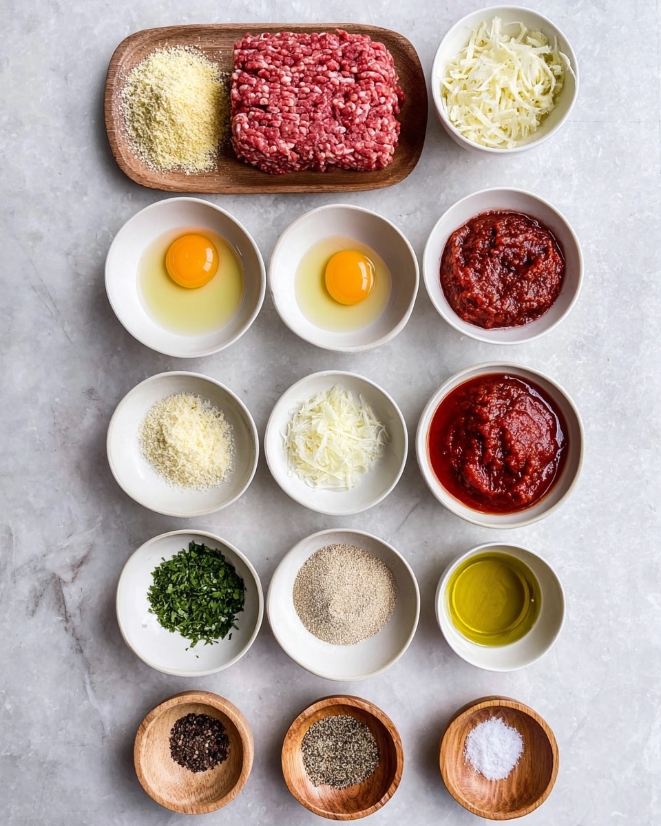 The image shows a top-down view of eleven small white bowls arranged neatly on a white marbled surface. The bowls contain different ingredients: one holds raw ground meat with a rectangular shape and pinkish-red color, while the others have light yellow breadcrumbs, two raw eggs with bright yellow yolks, grated cheese that is off-white, finely chopped white onion, a thick reddish-brown paste, bright red sauce, golden olive oil, and finely minced garlic in a small wooden bowl. Three smaller wooden bowls at the bottom hold black pepper, salt, chopped green herbs, and dried brown spices. Everything is spaced evenly, showing clear colors and textures of each ingredient. Photo taken with an iphone --ar 4:5 --v 7