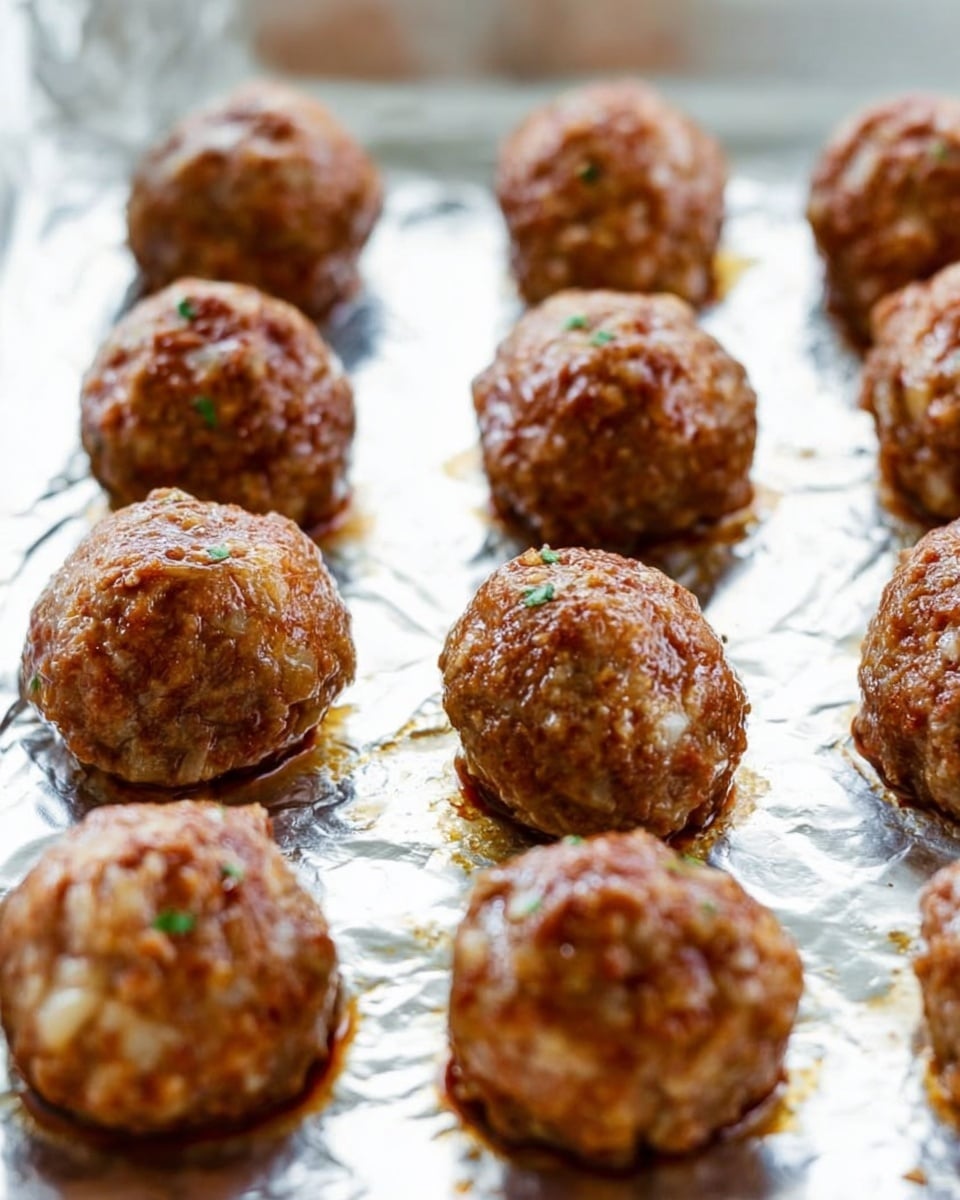 This image shows a close-up of twelve cooked meatballs placed in a 3 by 4 grid on a baking tray covered with shiny aluminum foil. Each meatball is round, uneven in texture with visible small pieces of onion and herbs inside, and varying shades of brown with slight gloss from juices. The backdrop is a white marbled texture. The focus is sharp in the front with the meatballs gradually blurring towards the back. photo taken with an iphone --ar 4:5 --v 7