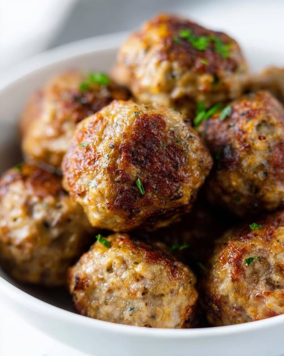 A white bowl filled with several round meatballs that have a golden-brown crispy outer layer, speckled with bits of herbs. The meatballs have a slightly rough texture with small green garnishes on top scattered unevenly. The background is a white marbled surface, and the focus is on the meatballs in the front while those in the back are softly blurred. photo taken with an iphone --ar 4:5 --v 7