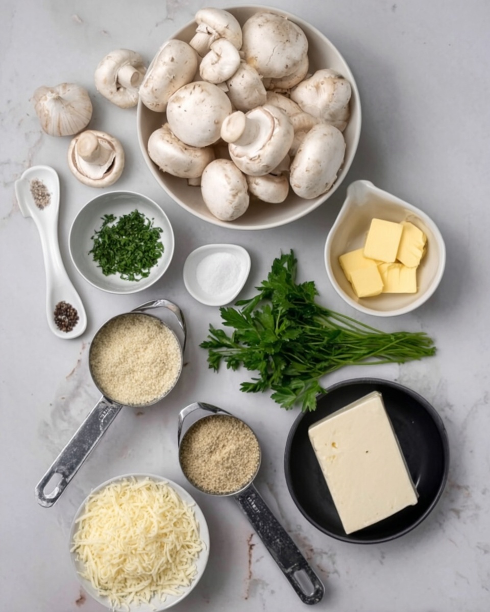 The image shows a top view of ingredients neatly arranged on a white marbled surface. At the top center, there is a white bowl filled with whole white mushrooms. Below that, from left to right, there are two garlic cloves, a small white bowl with yellow butter slices, and two white measuring spoons containing white salt and black pepper. Below, from left to right, there is a white measuring cup with grated cheese, a metal measuring cup with light brown breadcrumbs, a bunch of fresh green parsley in the center, a metal measuring cup with green herbs, a black small bowl with a block of white cheese, and a white bowl holding another type of grated cheese. The setup is clean and organized, all containers are white except for the black bowl in the lower center. Photo taken with an iphone --ar 4:5 --v 7