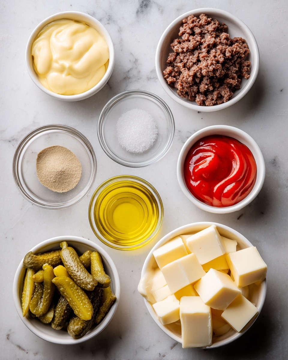 The image shows eight small white bowls on a white marbled surface. Starting from the top left and moving clockwise, there is a bowl with light yellow creamy sauce, a bowl filled with cooked ground meat that is dark brown with some texture, a small clear bowl holding a light brown powder, another clear bowl with bright red ketchup, a small clear bowl of white salt crystals, a white bowl containing yellow oil, a white bowl with sliced green pickles, and two white bowls filled with many cubes of pale yellow cheese. The ingredients are neatly arranged and clearly visible. Photo taken with an iphone --ar 4:5 --v 7