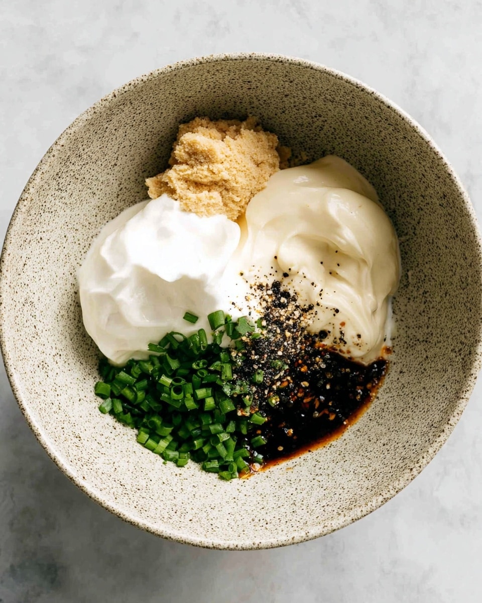 A speckled white bowl holds five different ingredients placed in separate sections: a large dollop of white creamy sour cream or yogurt on the left, a beige grainy paste on the top, a smooth off-white mayonnaise or dressing on the right, a small pile of bright green chopped chives at the bottom right, and a dark brown sauce with cracked black pepper sprinkled over the sour cream in the center. The bowl sits on a white marbled surface. Photo taken with an iphone --ar 4:5 --v 7