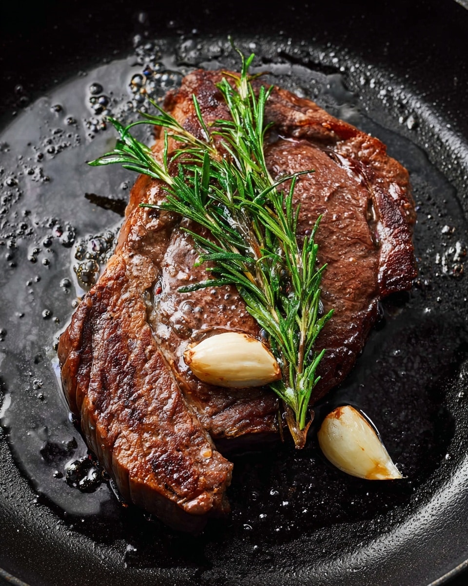 A cooked steak lies in a black pan with a slightly shiny, oily surface. The steak is thick with a browned, textured outer layer and visible grain. On top, there are two green rosemary sprigs diagonally placed, and two peeled garlic cloves rest alongside the herbs. The pan’s surface also shows small bubbles and droplets of oil around the steak. Photo taken with an iphone --ar 4:5 --v 7