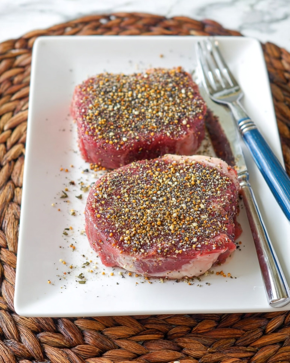 The image shows two round pieces of raw meat on a white square plate. Each piece is covered with a layer of crushed black pepper and yellow seasoning mixed with salt, evenly spread on top. The plate sits on a woven brown mat, and there is a silver fork with a blue handle placed to the right side of the meat on the plate. The background is a white marbled surface. photo taken with an iphone --ar 4:5 --v 7