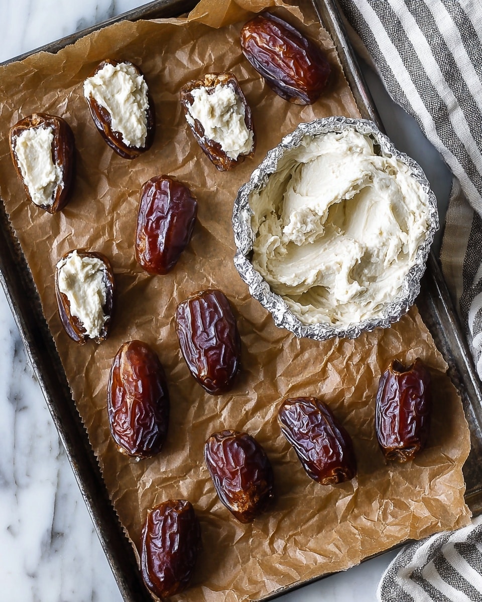A dark metal baking tray lined with crinkled brown parchment paper holds several split dark brown dates arranged in rows; two of the dates near the top left are filled with a creamy white cheese spread that has a slightly crumbly texture. At the top right, there is a round container lined with crinkled silver foil holding a large portion of the same white cheese spread, with some of it scooped out. The background surface is a white marbled texture, and a striped cloth lies at the top right edge. photo taken with an iphone --ar 4:5 --v 7