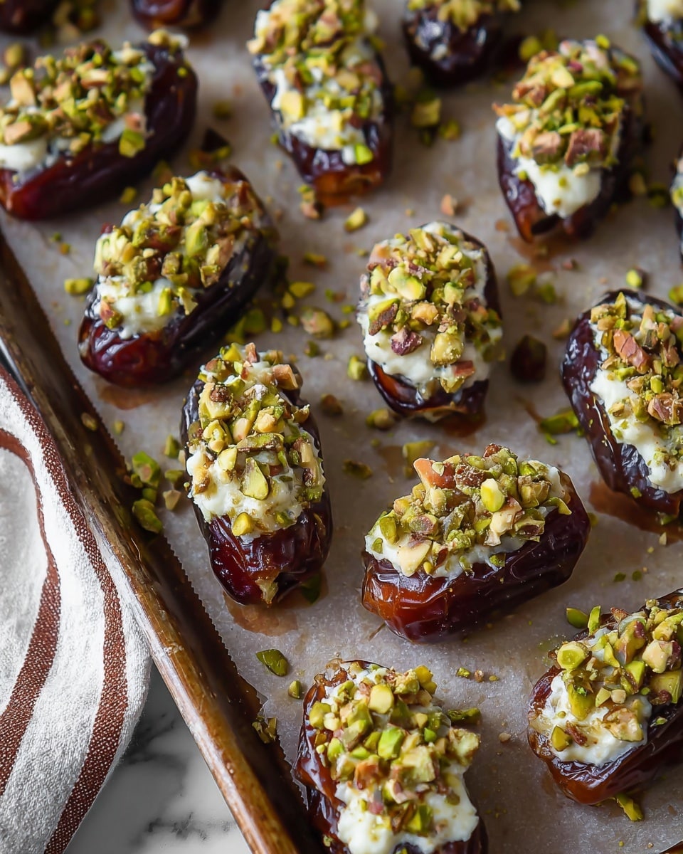 This image shows many dates placed on brown parchment paper over a baking tray. Each date has three layers: the dark brown, smooth, shiny skin of the date forms the base layer. The middle layer is a white, creamy filling that looks soft and slightly fluffy. On top, there is a layer of chopped nuts in mixed shades of green and light brown, which adds texture and color contrast. The nuts are scattered unevenly, giving each date a slightly different look. The background is a white marbled surface, and a piece of cloth with brown and white stripes is visible in the bottom left corner. photo taken with an iphone --ar 4:5 --v 7