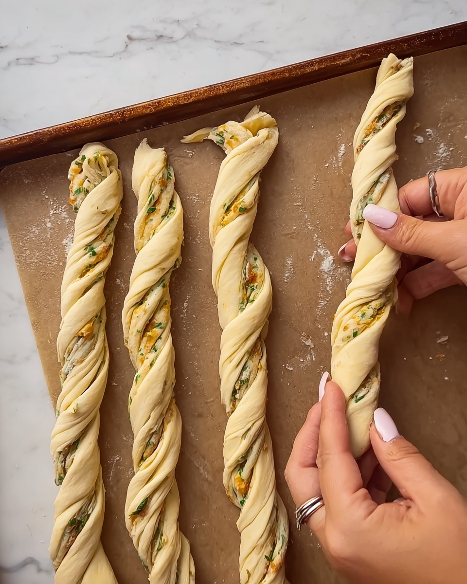 The image shows four twisted dough sticks placed on a brown baking tray. Each dough stick has two visible layers twisted together, with a light yellow color and bits of green herbs and possibly small orange pieces inside. A woman's hands with light pink nail polish and a silver ring are holding and shaping the dough stick on the right side. The background is a white marbled surface. photo taken with an iphone --ar 4:5 --v 7