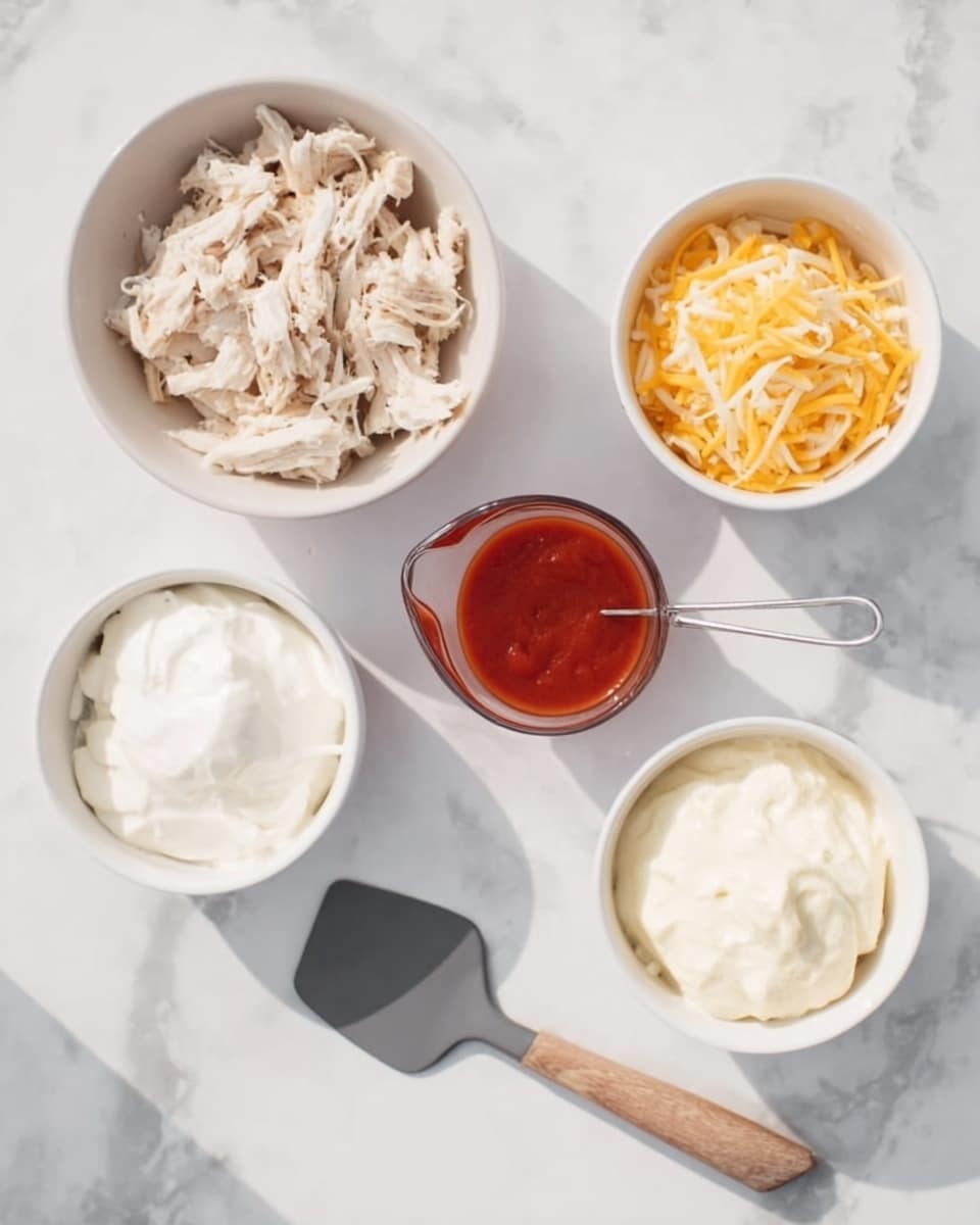The image shows five white bowls and a small measuring cup arranged on a white marbled surface. One bowl is filled with shredded cooked chicken, light beige in color, placed on the top left. Next to it on the top right is a bowl with a generous amount of shredded yellow cheese. Below the chicken bowl is a clear measuring cup that contains red tomato sauce. To its right is a bowl full of smooth white cream cheese. On the bottom left, there is a white bowl containing white sour cream. A gray spatula with a wooden handle lies horizontally at the bottom of the frame. The photo has soft natural light and shadows, giving a fresh and clean look. Photo taken with an iphone --ar 4:5 --v 7