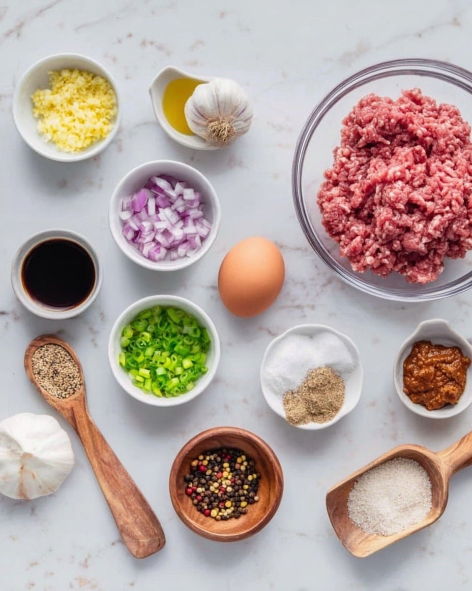 The image shows a white marbled surface with various small glass and white bowls arranged neatly. On the right, there is a larger glass bowl filled with raw ground meat in pink and red tones. Around it, smaller bowls contain chopped red onions in purple and white, light brown fine powder, and a dark liquid. Other bowls hold finely minced yellow garlic, green chopped spring onions, a whole brown egg, white salt, a mix of colorful peppercorns in a wooden bowl, beige sesame seeds, a reddish-brown thick paste, and a white powder in a wooden scoop. A white round garlic bulb and a wooden salt spoon rest nearby, creating a clean and organized cooking ingredient display photo taken with an iphone --ar 4:5 --v 7