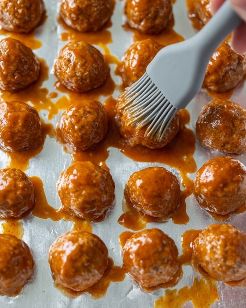 Rows of round meatballs are placed on a white marbled surface covered with foil. The meatballs have a shiny orange-brown sauce coating them evenly. In the middle of the image, a gray silicone brush held by a woman's hand is spreading sauce over one meatball. The sauce looks thick and smooth, covering each meatball with a glossy layer. The meatballs are evenly spaced, creating a neat grid pattern. photo taken with an iphone --ar 4:5 --v 7