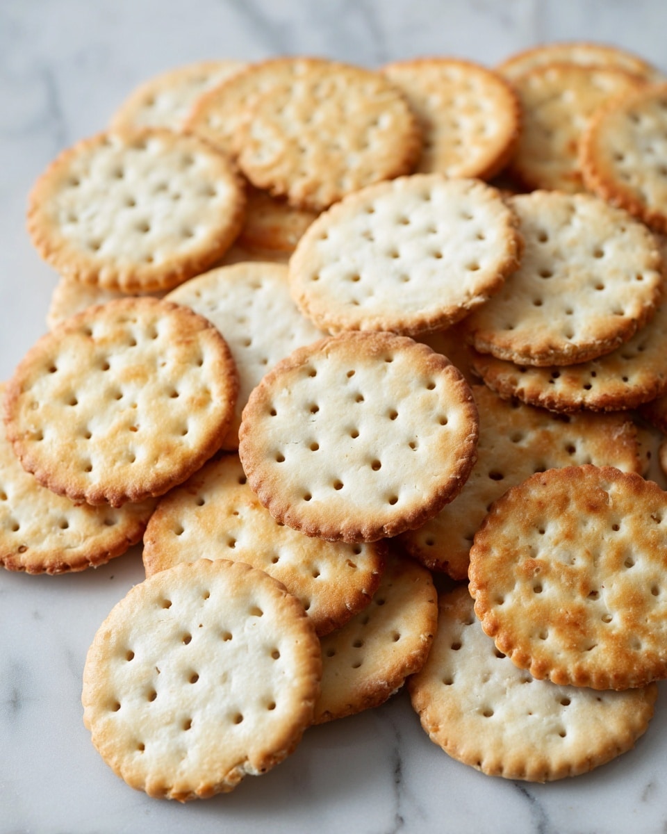 The image shows a pile of round crackers on a white marbled surface. The crackers are stacked loosely, covering most of the lower half of the image. Each cracker is light golden brown with small holes evenly spaced on the top, and they have slightly rough edges. The colors range from pale beige to a darker toasted brown, indicating some crackers are more baked than others. The texture looks dry and crisp. Photo taken with an iphone --ar 4:5 --v 7