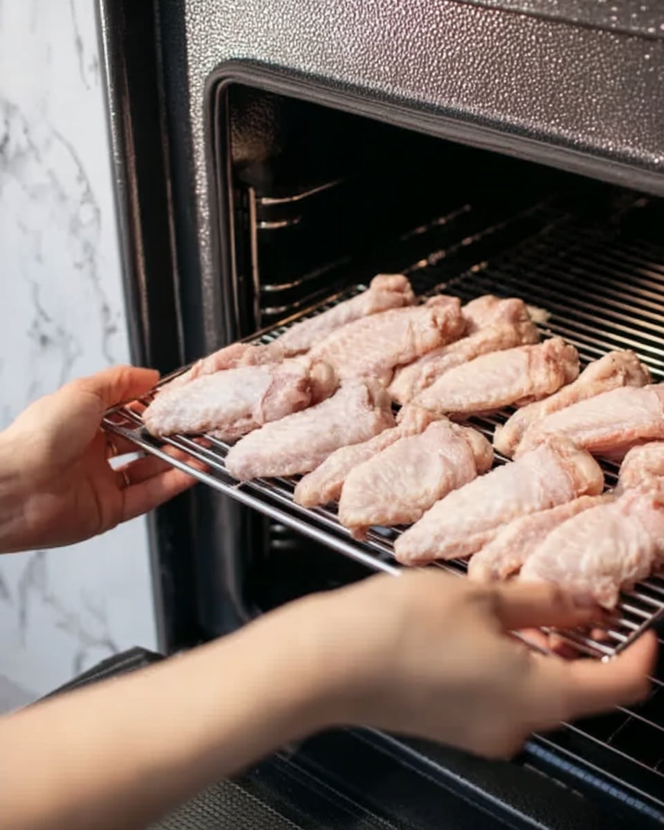 A close-up image shows a woman's hands placing a metal rack filled with raw chicken wings inside an oven. The chicken wings are arranged in a single layer, pale pink with a slight shine, and they cover the entire rack. The oven's interior is dark with a textured metal surface, contrasting with the soft texture of the wings. The background surface is a white marbled texture. Photo taken with an iphone --ar 4:5 --v 7