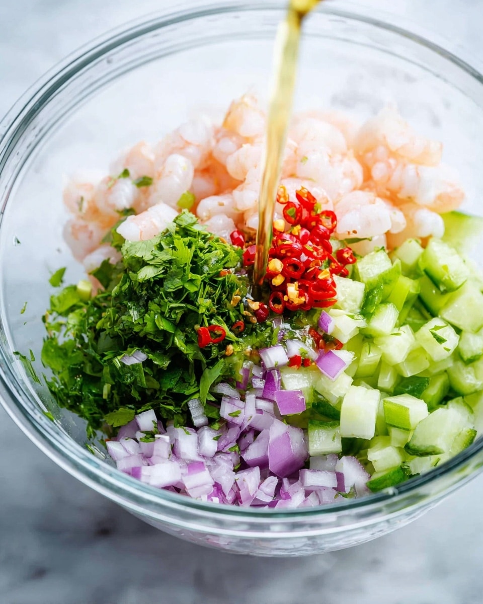 A clear glass bowl contains several layers of fresh ingredients: roughly chopped pale pink shrimp placed on the top right, bright green chopped cilantro near the top center, two kinds of chopped chili peppers — red on the left center and green on the right center, light purple diced onions on the bottom right, and vibrant green cucumber chunks on the bottom left. A thin stream of liquid is being poured into the bowl, caught just above the ingredients, adding a glossy texture. The background surface is a white marbled texture. Photo taken with an iphone --ar 4:5 --v 7