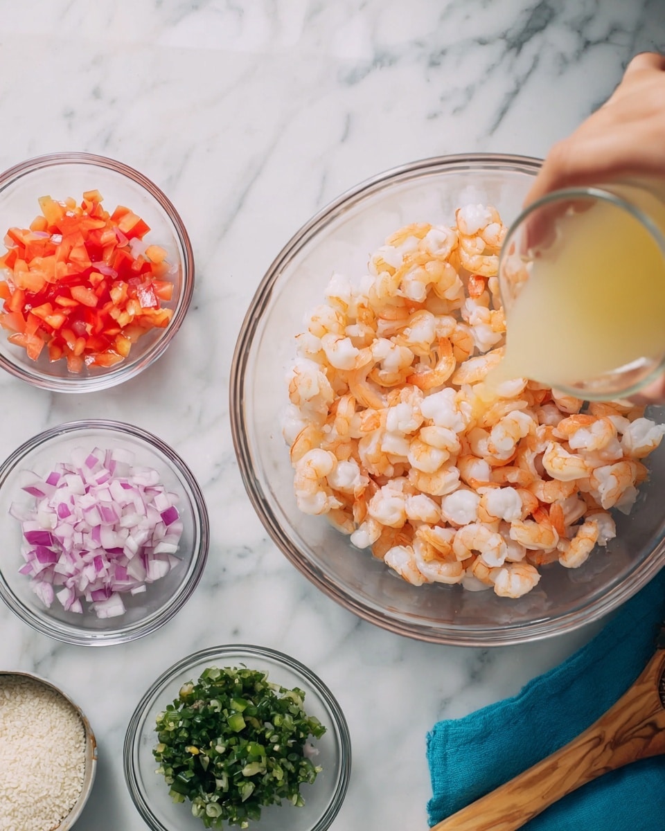The image shows a clear glass bowl on the right side filled with small, light orange and white shrimp pieces forming one layer. A woman's hand is pouring a pale yellow liquid into the shrimp bowl. On the left side of the white marbled surface, three smaller clear glass bowls are arranged: the top bowl has bright red small diced pieces, the middle bowl holds finely chopped pink and white onions, and the bottom bowl contains dark green chopped pieces. Part of a fourth bowl with fine white granules is seen at the bottom left corner. A blue cloth with a wooden utensil peeks from the bottom right corner under the shrimp bowl. photo taken with an iphone --ar 4:5 --v 7