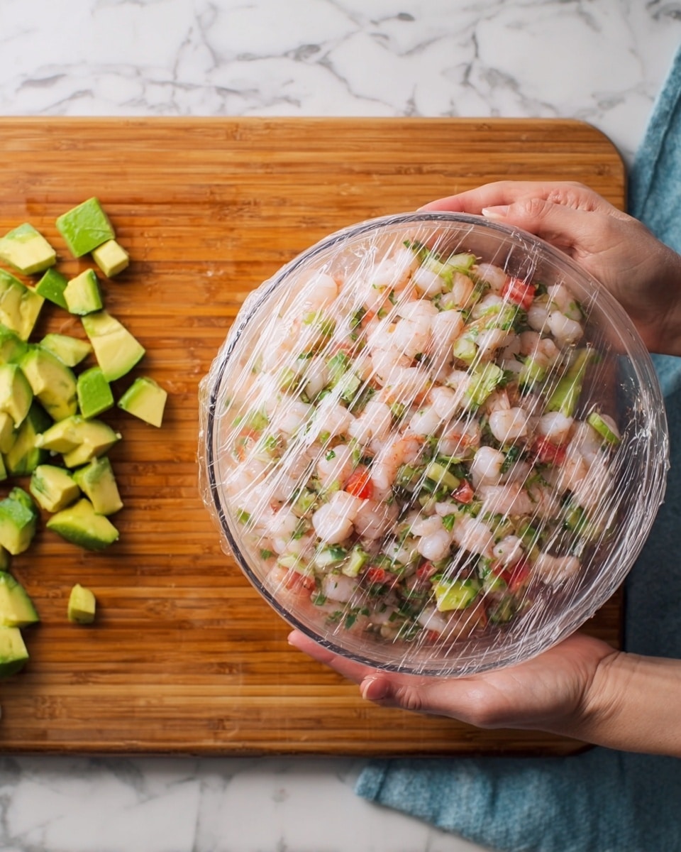 A clear glass bowl is filled with a shrimp salad made of small pink shrimp pieces mixed with bits of green herbs and small red tomato pieces, covered tightly with transparent plastic wrap. The bowl is being held by two woman's hands above a wooden cutting board, which has chopped green avocado pieces on the left side. The scene is set on a white marbled surface, and there is a hint of a blue cloth on the right edge of the image. photo taken with an iphone --ar 4:5 --v 7