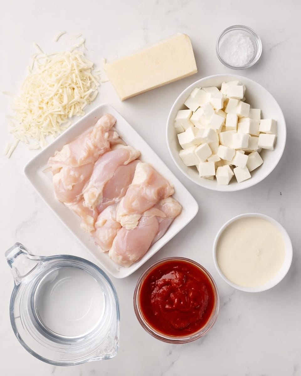 The image shows raw chicken pieces placed on a white rectangular dish in the center. On the right side, there is a white bowl filled with white cheese cubes, a small white bowl with a red sauce, and a glass bowl filled with a creamy white sauce. On the left side, there is a block of cheese with shredded cheese beside it and a small white salt container. At the bottom left is a clear glass measuring cup with water inside. All items are arranged on a white marbled surface, with the setup neat and clean. photo taken with an iphone --ar 4:5 --v 7