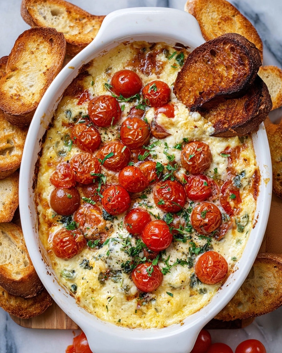 A white oval baking dish filled with melted cheese mixed with small herbs and cream, topped with bright red cherry tomato halves and whole cherry tomatoes scattered on the top layer. There are small bits of green fresh herbs sprinkled over the cheese and tomatoes, adding contrast. On one side, several small toasted bread slices with a rich golden brown color are partially dipped into the creamy cheese. The dish sits on a white marbled surface, with more toasted bread slices nearby, stacked in a loose pile. Photo taken with an iphone --ar 4:5 --v 7