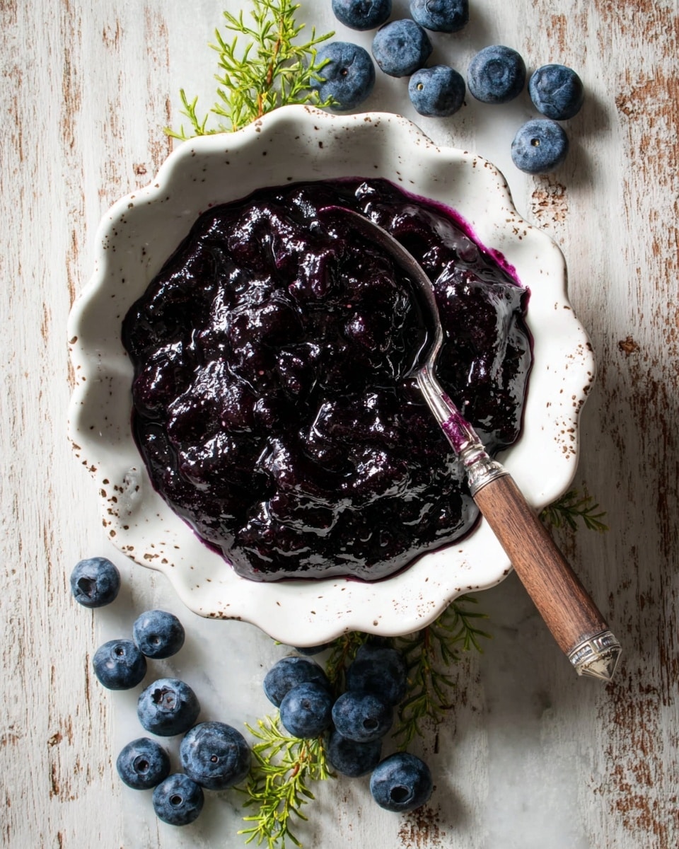 A white scalloped bowl with small brown specks contains a thick, dark purple, chunky blueberry jam with a glossy texture, and a metal spoon with a wooden handle resting partially inside the jam on the right side; fresh blueberries and small green sprigs lie scattered around the bowl on a white marbled surface photo taken with an iphone --ar 4:5 --v 7
