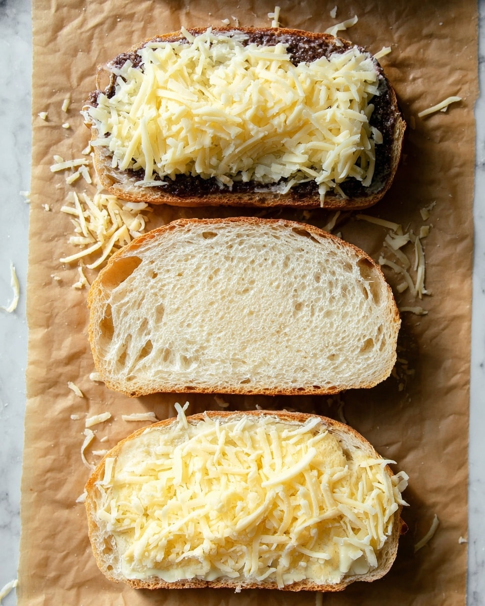 Three slices of bread lay flat in a vertical row on brown parchment paper over a white marbled surface. The top slice is covered with a dark, thick spread and a generous layer of shredded pale yellow cheese. The middle slice is plain with a light golden crust and a soft, white inside. The bottom slice shows a thin layer of shredded pale yellow cheese on top of a dark spread similar to the first slice. All slices have a soft, airy texture with small holes and a slightly crunchy crust. Some scattered shredded cheese pieces surround the slices. Photo taken with an iphone --ar 4:5 --v 7