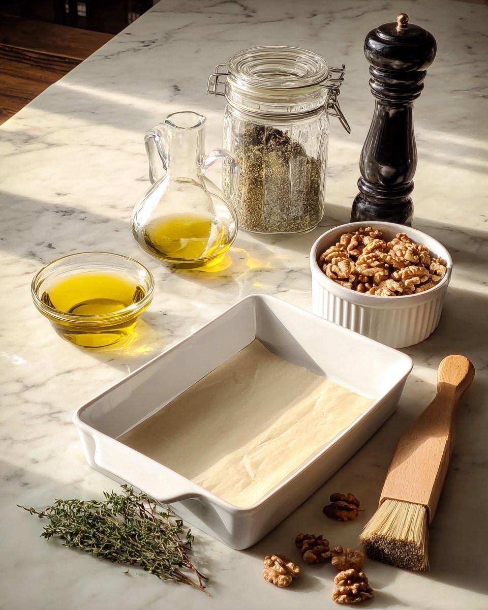 The image shows a white rectangular baking dish lined with parchment paper placed on a white marbled surface. Around it, there is a small glass bowl filled with golden olive oil on the left side, a small clear glass pitcher with more olive oil behind it, and a glass jar with a metal clasp containing dried herbs. On the right side, there is a white ramekin filled with whole walnuts, a large black pepper grinder standing tall, and a wooden brush with light bristles lying next to a small bundle of fresh green herbs. The scene is warmly lit with natural light coming from the side, casting soft shadows. Photo taken with an iphone --ar 4:5 --v 7