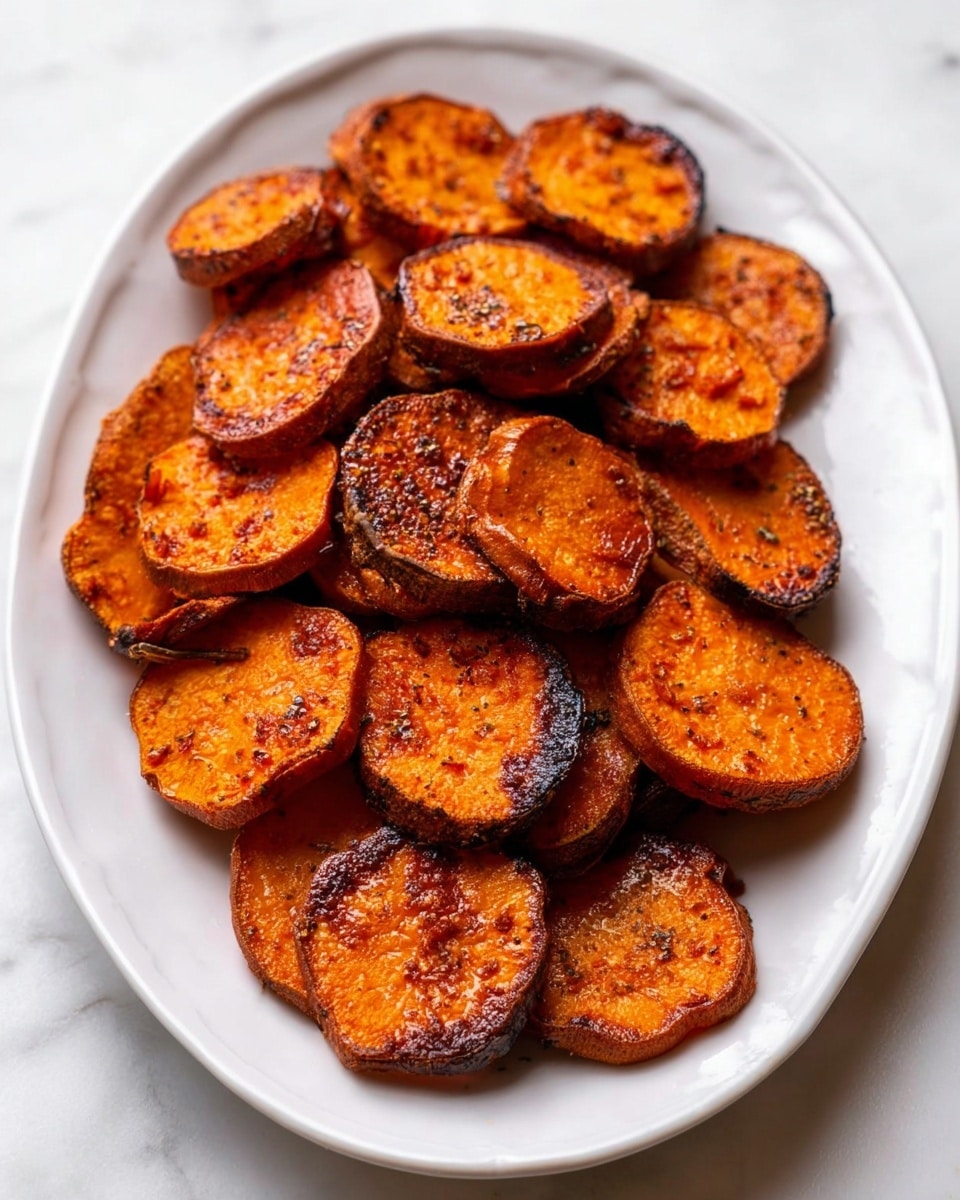 A white oval plate holds a pile of roasted sweet potato slices stacked closely together. Each slice is round with slightly uneven edges, showing a rich orange color with darker, crispy brown spots and char marks on the surface. The texture appears soft in the middle with a caramelized outer layer. The plate sits on a white marbled surface. photo taken with an iphone --ar 4:5 --v 7