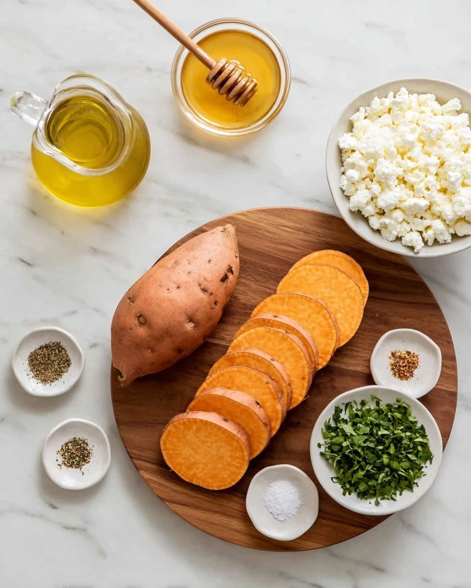 A wooden round board holds one whole sweet potato with part of its skin peeled off and nine evenly sliced rounds arranged in a fan shape on the right side; nearby on a white marbled surface are small white dishes with coarse salt and black pepper, a powdery spice, a pile of chopped green herbs, and a glass jar of golden honey with a wooden honey dipper resting on top; a white bowl filled with white crumbly cheese is positioned at the top right, and a small glass jug with olive oil is placed at the top left, all set on a clean white marbled background photo taken with an iphone --ar 4:5 --v 7