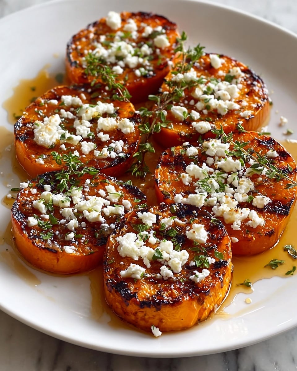 The image shows six thick, round slices of roasted orange squash arranged on a white plate. Each slice has a caramelized, slightly darkened surface with visible grill marks. Crumbled white cheese is generously sprinkled on top of each slice, adding a soft texture contrast. Fresh green herbs, likely thyme and parsley, are scattered over the squash and cheese, giving a fresh look. A shiny, light amber sauce or syrup is drizzled over and around the slices, pooling a little on the white plate. The surface under the plate is a white marble texture. photo taken with an iphone --ar 4:5 --v 7