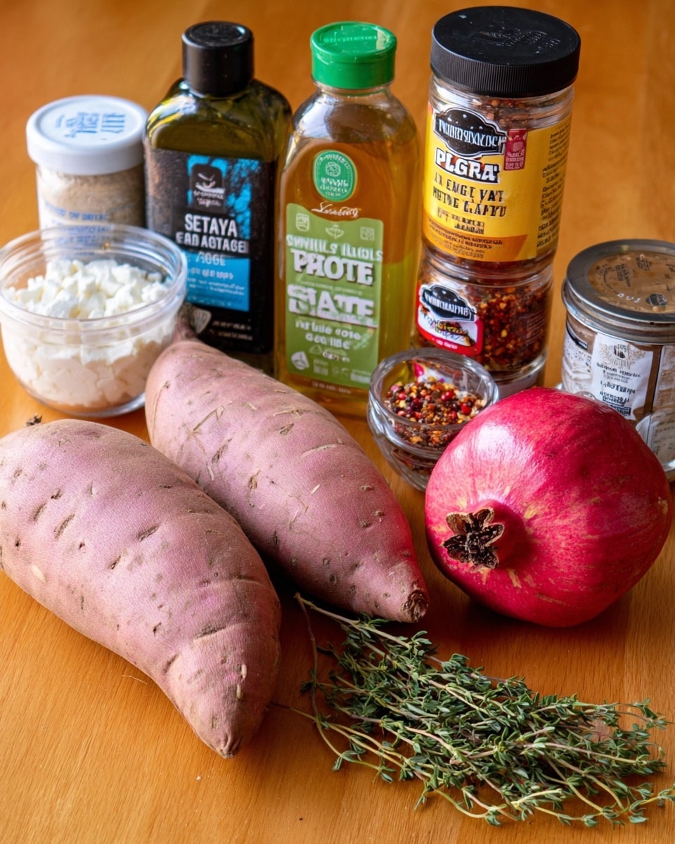 The image shows two medium-sized sweet potatoes with rough, light purple skins lying side by side on a warm wooden surface. In front of them is a whole bright red pomegranate with a slightly shiny and textured surface, showing a dark brown dried stem area. Nearby, a small bundle of fresh green thyme sprigs lies flat. Surrounding the vegetables, there are several seasoning containers including a bottle of green-labeled extra virgin olive oil, a white container of feta cheese, a clear bottle of sea salt with a black label, a box of black pepper, a large bottle of amber-colored clover honey with a yellow and black label, and small jars of red pepper flakes and garlic powder with red and brown labels. The backdrop is simple and natural. Photo taken with an iphone --ar 4:5 --v 7