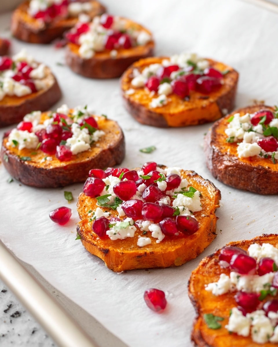 The image shows several round slices of roasted sweet potato with dark orange color and brown edges, arranged on white parchment paper on a tray. Each slice is topped with white crumbled cheese, bright red pomegranate seeds, and small green herb pieces, adding fresh color contrast. The texture of the sweet potato looks soft with a slightly crispy skin, and the toppings sit neatly on top. The background is a white marbled surface, giving a clean and bright look to the scene. photo taken with an iphone --ar 4:5 --v 7