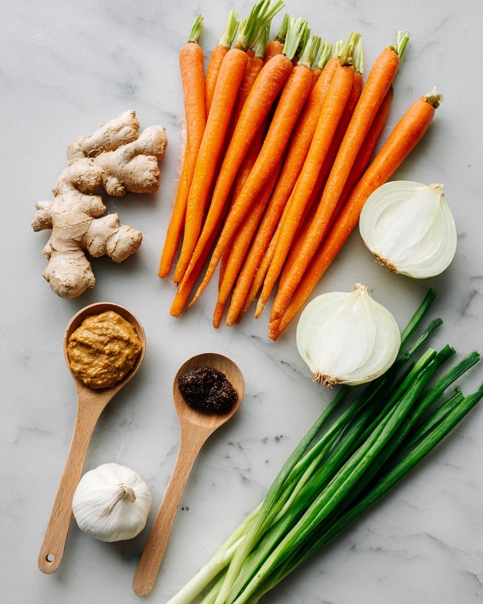 The image shows a neat arrangement of fresh vegetables and seasonings on a white marbled surface. At the top, there is a cluster of around fifteen bright orange carrots lined up closely together with their green ends trimmed. Below them, to the right, are two halves of a white onion with its outer skin still attached. Near the onion, there is a small whole garlic bulb with white papery skin and a piece of fresh ginger root with a rough beige texture. At the bottom center, two light wooden spoons hold pastes; the left spoon contains a chunky, light brown mustard paste, while the right spoon has a smaller amount of a dark brown or black paste. Below the spoons, a bunch of fresh green onions with white bulbs and long green stalks lies flat. The whole scene is clean and bright, with the vegetables showing natural texture and colors. Photo taken with an iphone --ar 4:5 --v 7