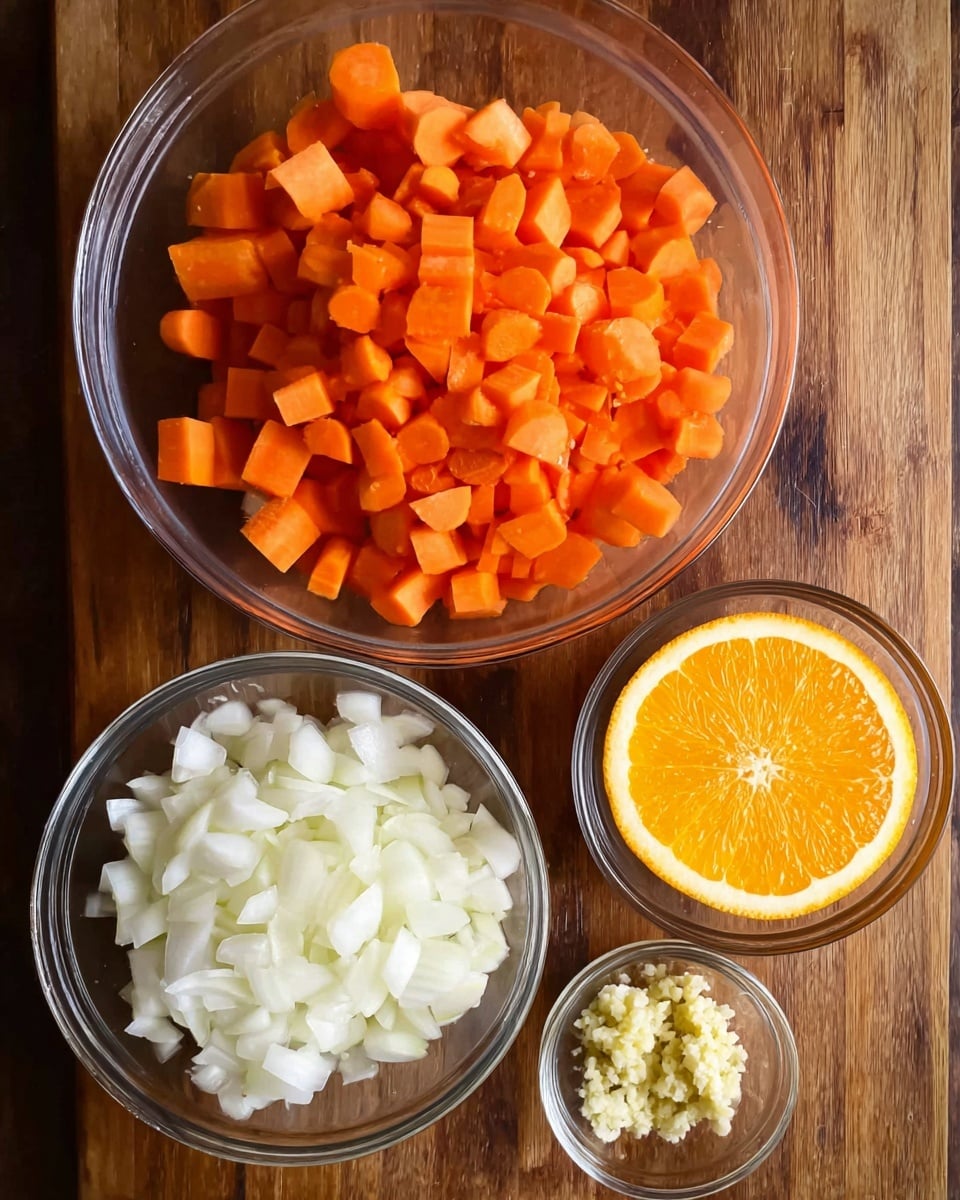 This image shows a top view of three clear glass bowls and a sliced orange half on a wooden surface. The largest bowl, positioned at the top, is filled with bright orange chopped carrot pieces. Below it, slightly to the left, there is a medium clear bowl filled with white chopped onions. To the right of the onion bowl, a small clear bowl contains finely minced garlic. On the right side of all the bowls, there is a half orange showing its bright, juicy orange interior. The wooden surface contrasts with the colors of the vegetables and orange. photo taken with an iphone --ar 4:5 --v 7