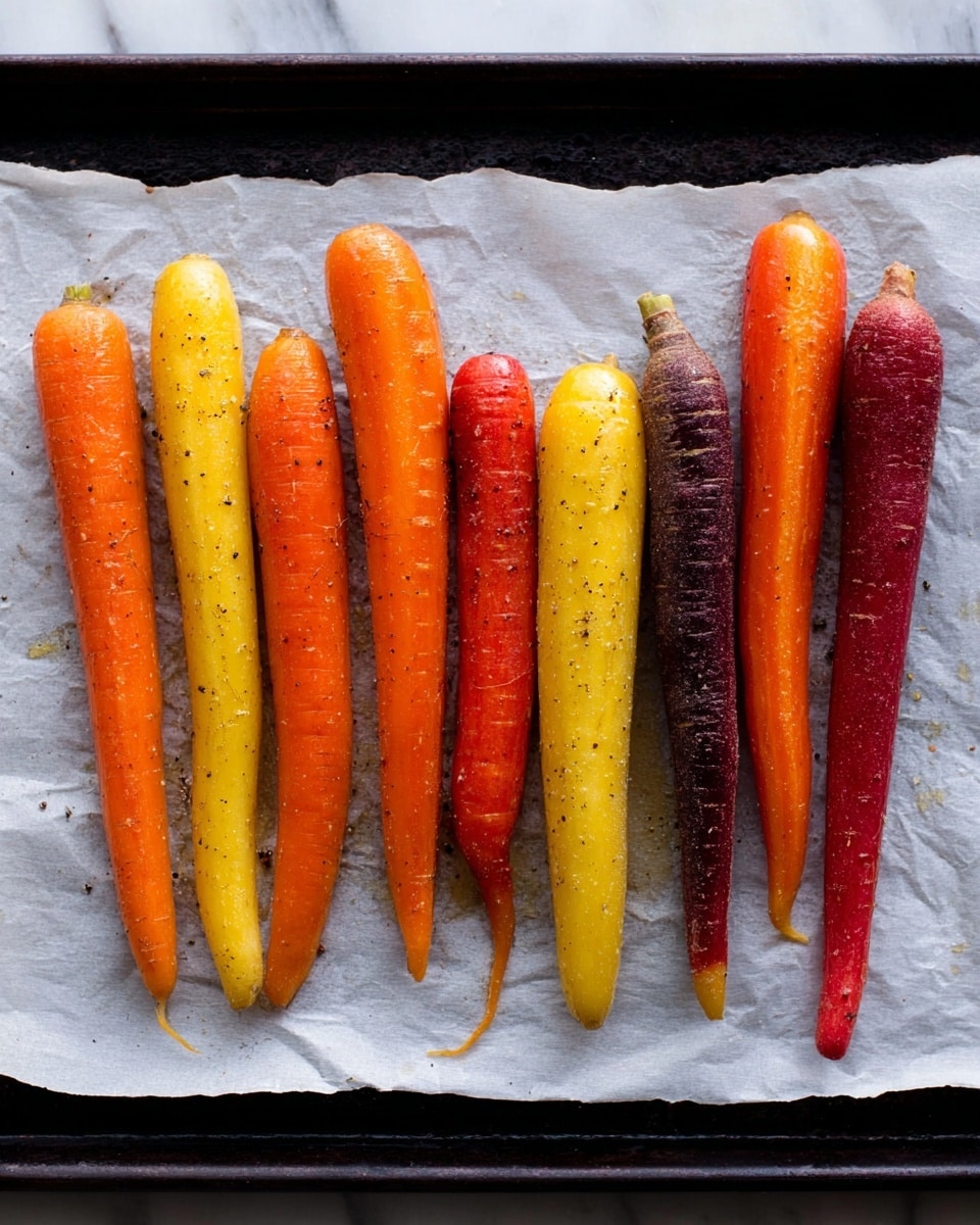 A row of nine whole carrots lies side by side on a white parchment paper sheet on a black baking tray. The carrots vary in color, including bright orange, deep purple, red, and yellow, each showing a smooth texture with a light coating of oil and some black pepper specks. The carrots are placed with their tapered ends pointing in different directions, giving a balanced arrangement. The baking tray's edges are partially visible, and the scene is set on a white marbled texture. photo taken with an iphone --ar 4:5 --v 7