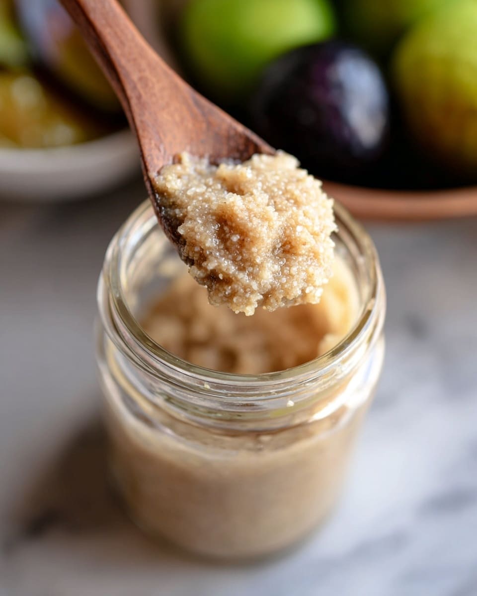 A close-up view of a clear glass jar filled with a thick, grainy beige paste, with a wooden spoon scooping a heaping portion of the paste above the jar's opening; in the blurred background, a white bowl holds fruit with green and dark purple colors, all placed on a white marbled surface. photo taken with an iphone --ar 4:5 --v 7