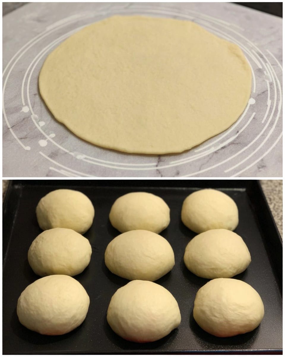 The image shows two parts: the top part has a flat, round, pale dough circle with smooth texture on a white marbled surface with white measurement markings underneath. The bottom part has six round, pale dough balls, each with a soft, smooth surface, arranged in two rows of three on a black tray. The lighting is even and bright. photo taken with an iphone --ar 4:5 --v 7