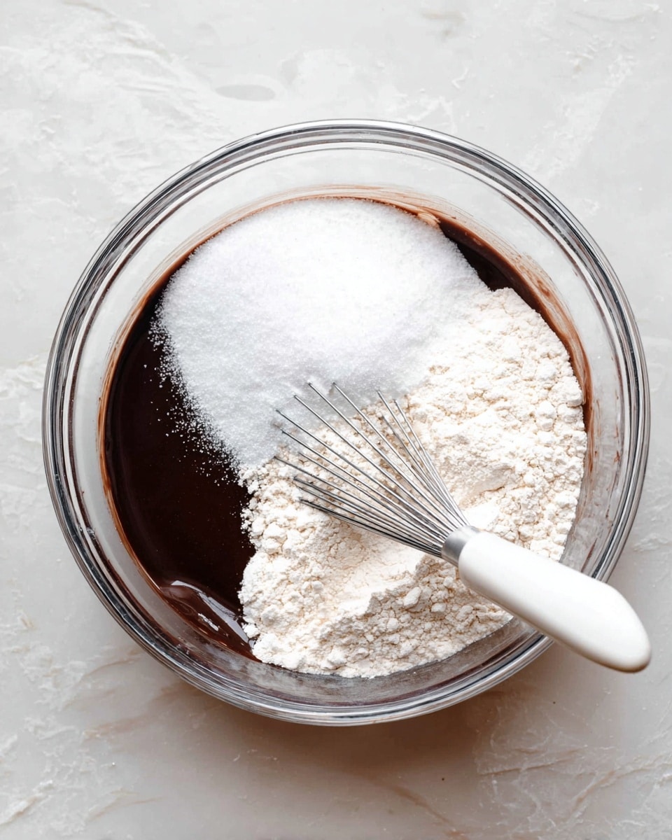 A clear glass bowl sits on a white marbled surface, containing three layers of ingredients that are not yet mixed. The bottom layer is a dark brown liquid chocolate mixture, smooth and glossy. On top of this, on the left side, there's a bright white layer of granulated sugar, powdery and fine. To the right, a mound of pale white flour with a soft, powdery texture completes the mix. A metal whisk with a white handle rests inside the bowl, touching the layers with its wires. Photo taken with an iphone --ar 4:5 --v 7