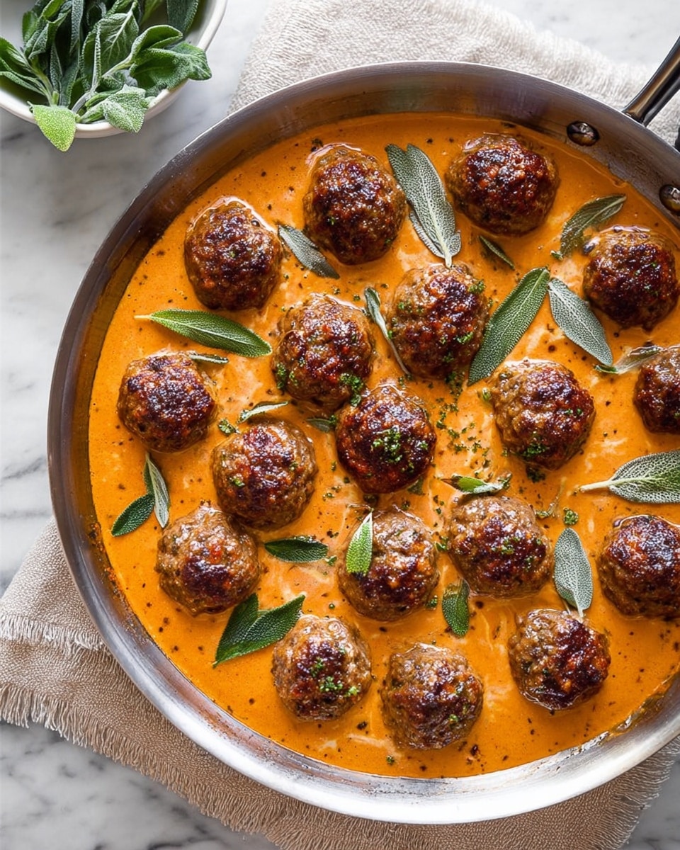 A white plate holds about fifteen round meatballs with a shiny, browned surface showing small specks of herbs and spices, giving a textured look. Under the plate, there is a light beige cloth with sea green leaves partly visible on the plate. In the background, the image shows a blurred bowl with an orange sauce that has a creamy texture. The whole dish is placed on a white marbled surface, making the colors of the food stand out well. The lighting highlights the meatballs' brown skin and fresh herbs on top. photo taken with an iphone --ar 4:5 --v 7