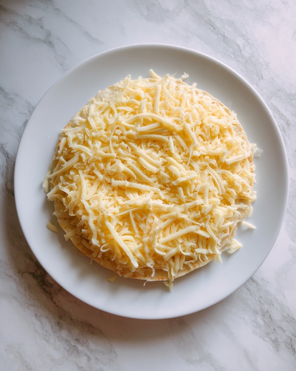 A white plate holds one round tortilla on top. The tortilla is covered with a layer of shredded yellow cheese spread evenly across its surface. The plate is placed on a white marbled texture background. photo taken with an iphone --ar 4:5 --v 7