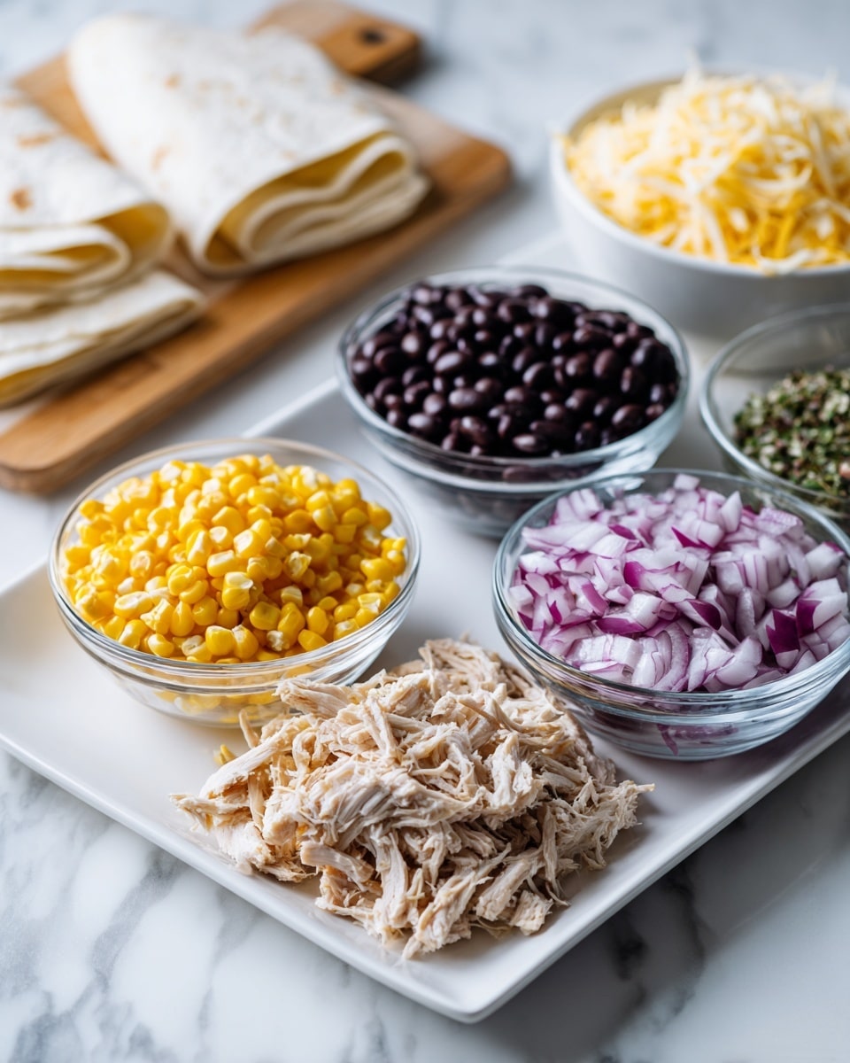 The image shows a white rectangular plate with five different food ingredients separated into clear glass bowls and a small pile. The top left bowl contains bright yellow corn kernels. Next to it on the right is a bowl filled with shiny black beans. To the right of the black beans, there is a bowl holding chopped red onions with visible layers and tones of purple and white. In front of these bowls, there is a small pile of shredded light brown chicken with some herbs mixed in. Behind the plate are some white tortilla wraps and shredded cheese on a wooden board, with part of a woman's hand visible to the side. The whole scene sits on a white marbled surface. photo taken with an iphone --ar 4:5 --v 7