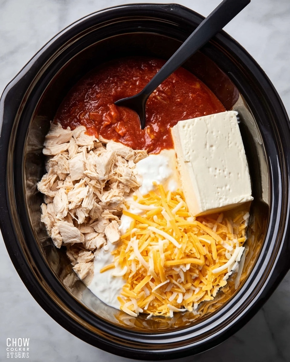 A black slow cooker bowl holds layers of ingredients: on the left is chopped light-colored cooked chicken, above that is a layer of red sauce, on the bottom center is a pool of white creamy sauce, to the right of the chicken and sauces is a pile of shredded yellow and white cheese, and on top is a large block of cream cheese. A black spoon rests inside the bowl near the cheese. The bowl sits on a white marbled surface. photo taken with an iphone --ar 4:5 --v 7