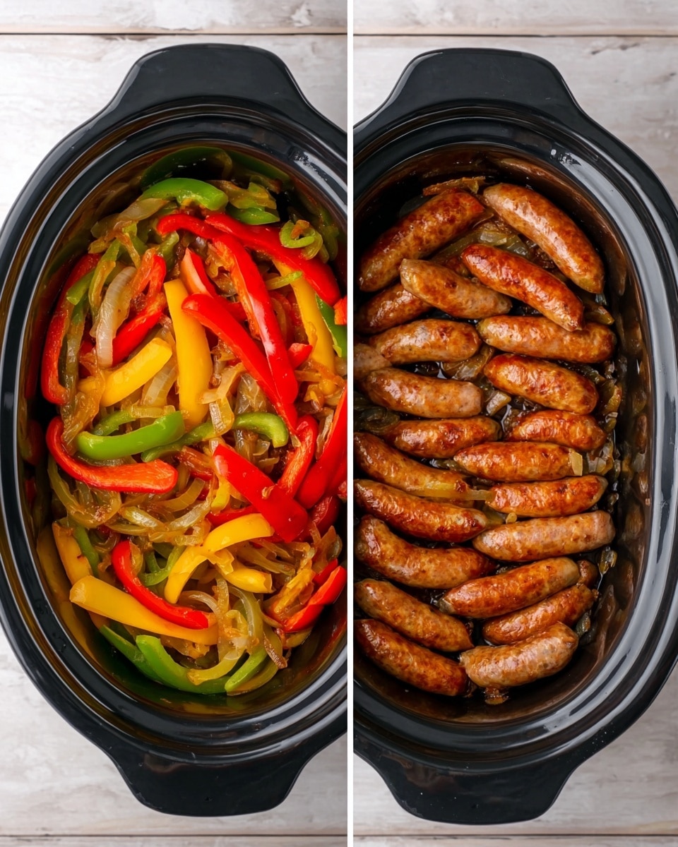The image shows a black slow cooker with two separate views side by side on a white marbled surface. On the left side, the slow cooker is filled with cooked sliced bell peppers and onions; the peppers are red, yellow, and green with a soft, slightly shiny texture. On the right side, the same slow cooker is packed with browned sausages neatly arranged in a circular pattern, showing a golden-brown color with a slight crisp on the surface. photo taken with an iphone --ar 4:5 --v 7